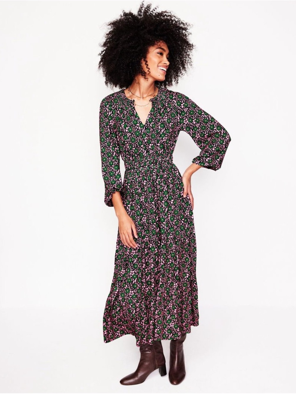Boden Smocked Tiered Jersey Midi Dress Purple Pink and Green Pockets Size 0 R